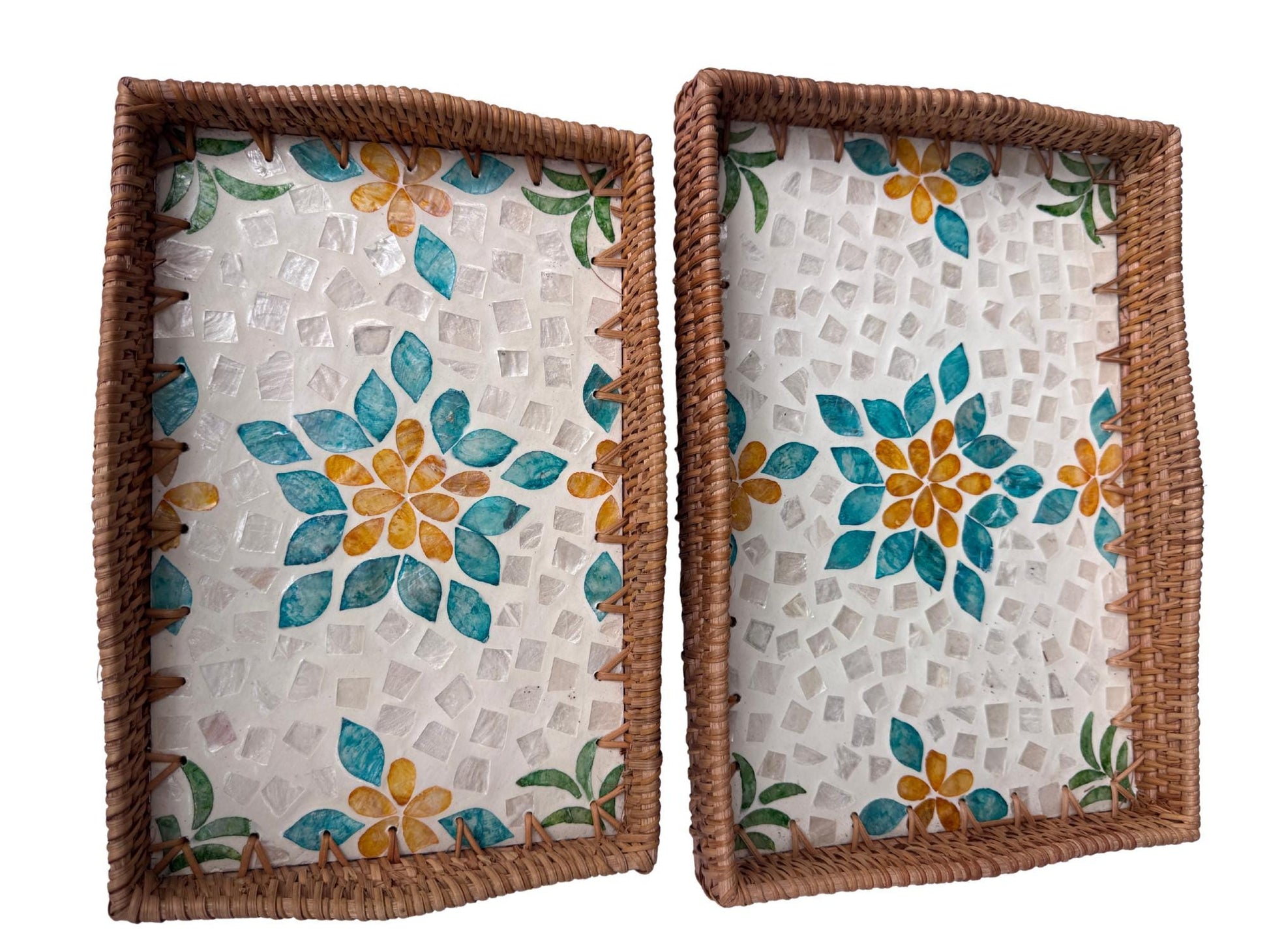 Scalloped Edge Rattan Rectangular Tray with Mother of Pearl Inlay - Handmade Decorative Serving Tray, Natural Woven Tray, Coffee Table Decor 50