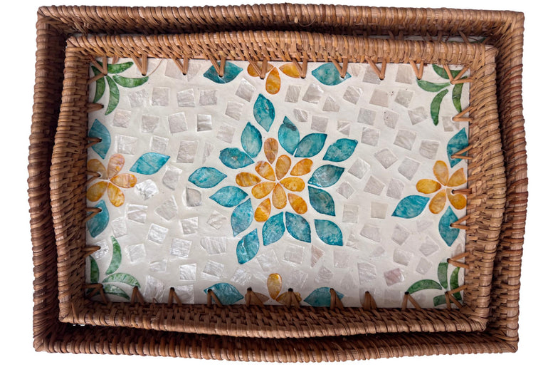 Scalloped Edge Rattan Rectangular Tray with Mother of Pearl Inlay - Handmade Decorative Serving Tray, Natural Woven Tray, Coffee Table Decor 50