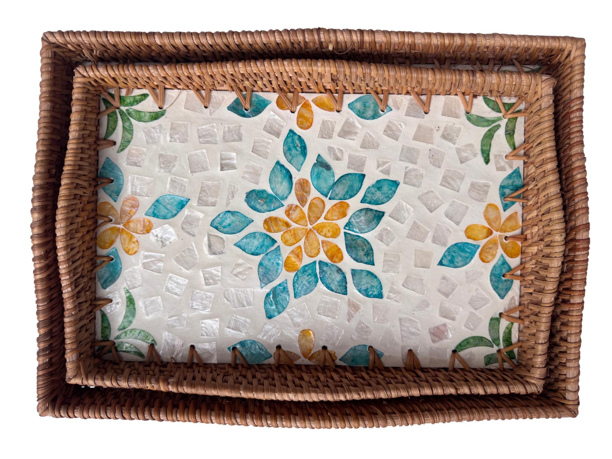Scalloped Edge Rattan Rectangular Tray with Mother of Pearl Inlay - Handmade Decorative Serving Tray, Natural Woven Tray, Coffee Table Decor 50
