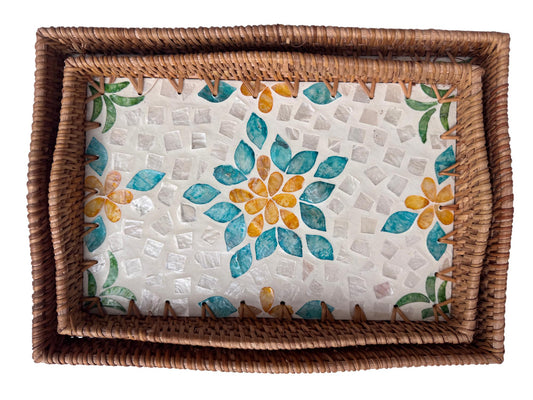 Scalloped Edge Rattan Rectangular Tray with Mother of Pearl Inlay - Handmade Decorative Serving Tray, Natural Woven Tray, Coffee Table Decor 50