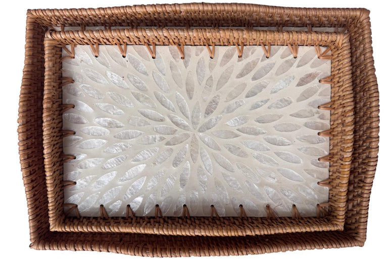 Scalloped Edge Rattan Rectangular Tray with Mother of Pearl Inlay - Handmade Decorative Serving Tray, Natural Woven Tray, Coffee Table Decor 55