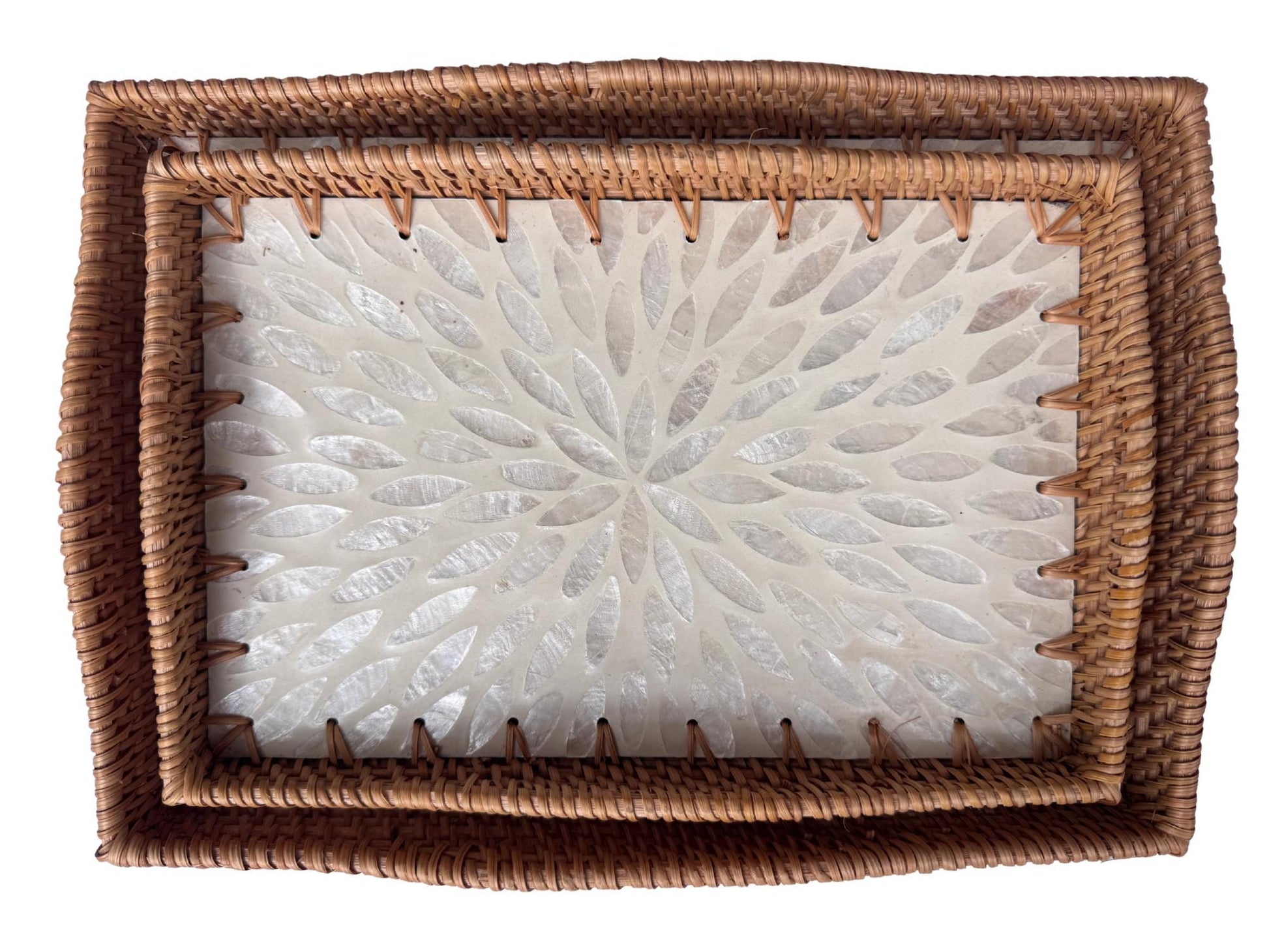 Scalloped Edge Rattan Rectangular Tray with Mother of Pearl Inlay - Handmade Decorative Serving Tray, Natural Woven Tray, Coffee Table Decor 55
