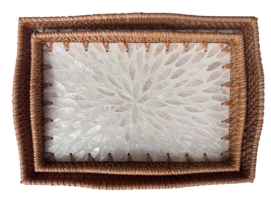 Scalloped Edge Rattan Rectangular Tray with Mother of Pearl Inlay - Handmade Decorative Serving Tray, Natural Woven Tray, Coffee Table Decor 55