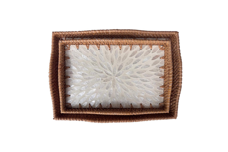 Scalloped Edge Rattan Rectangular Tray with Mother of Pearl Inlay - Handmade Decorative Serving Tray, Natural Woven Tray, Coffee Table Decor 55