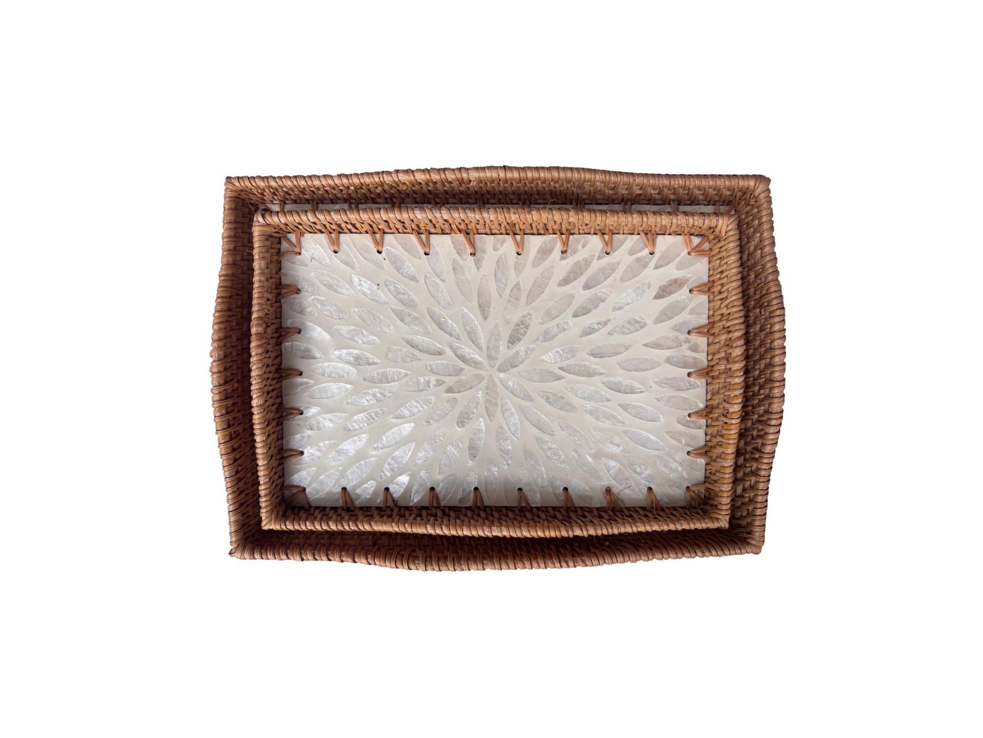 Scalloped Edge Rattan Rectangular Tray with Mother of Pearl Inlay - Handmade Decorative Serving Tray, Natural Woven Tray, Coffee Table Decor 55