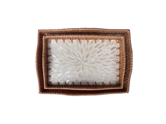 Scalloped Edge Rattan Rectangular Tray with Mother of Pearl Inlay - Handmade Decorative Serving Tray, Natural Woven Tray, Coffee Table Decor 55