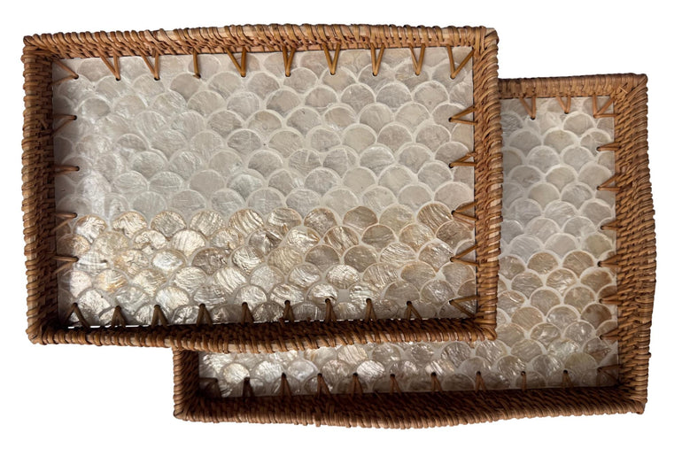 Scalloped Edge Rattan Rectangular Tray with Mother of Pearl Inlay - Handmade Decorative Serving Tray, Natural Woven Tray, Coffee Table Decor 49