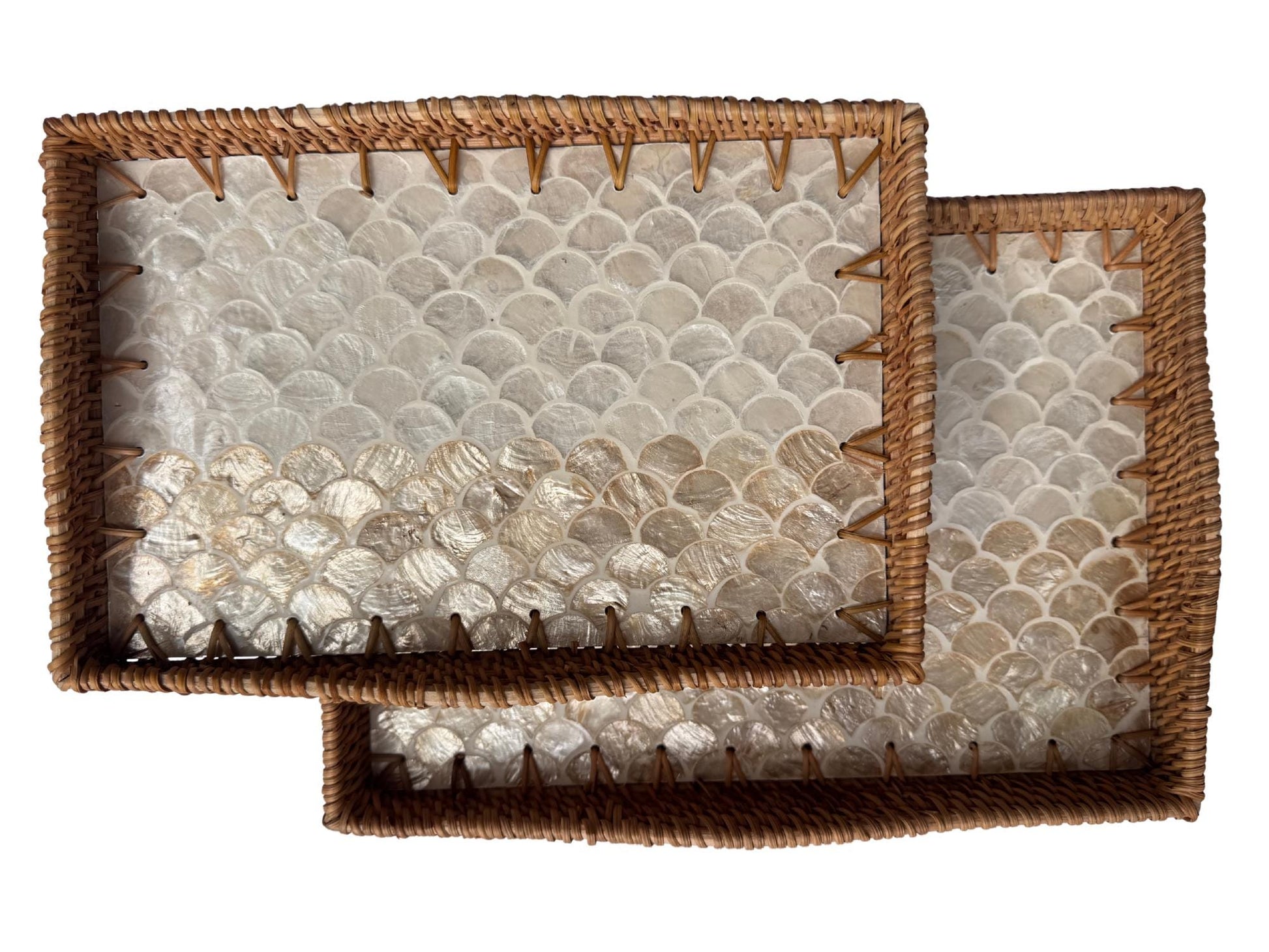 Scalloped Edge Rattan Rectangular Tray with Mother of Pearl Inlay - Handmade Decorative Serving Tray, Natural Woven Tray, Coffee Table Decor 49
