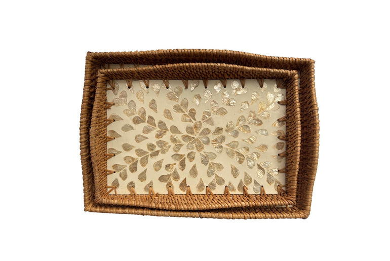 Scalloped Edge Rattan Rectangular Tray with Mother of Pearl Inlay - Handmade Decorative Serving Tray, Natural Woven Tray, Coffee Table Decor 53