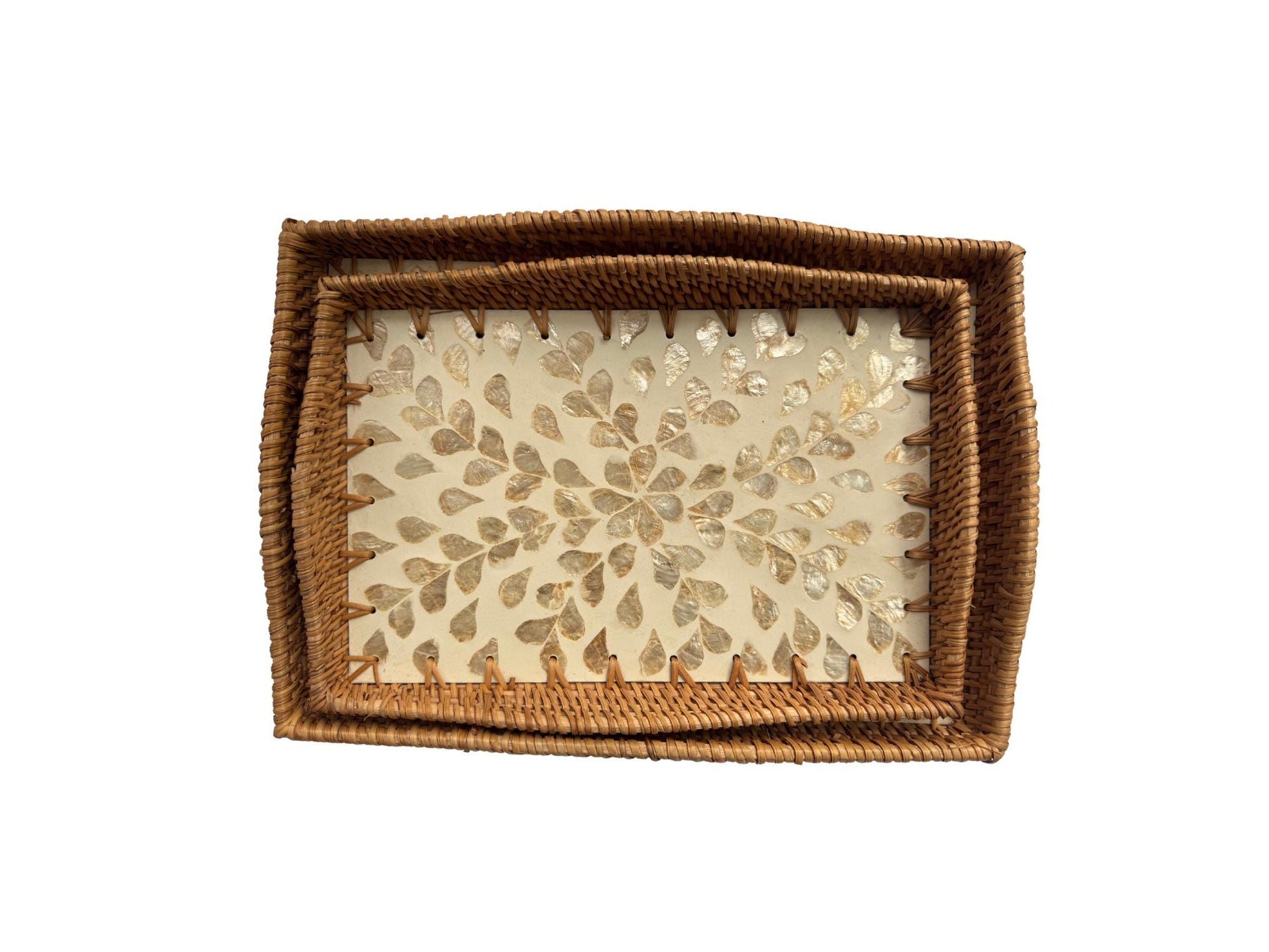 Scalloped Edge Rattan Rectangular Tray with Mother of Pearl Inlay - Handmade Decorative Serving Tray, Natural Woven Tray, Coffee Table Decor 53