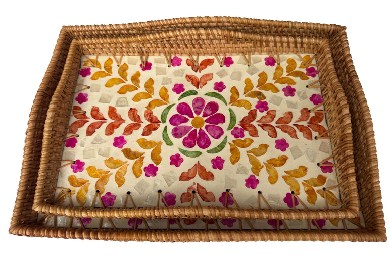 Scalloped Edge Rattan Rectangular Tray with Mother of Pearl Inlay - Handmade Decorative Serving Tray, Natural Woven Tray, Coffee Table Decor 52