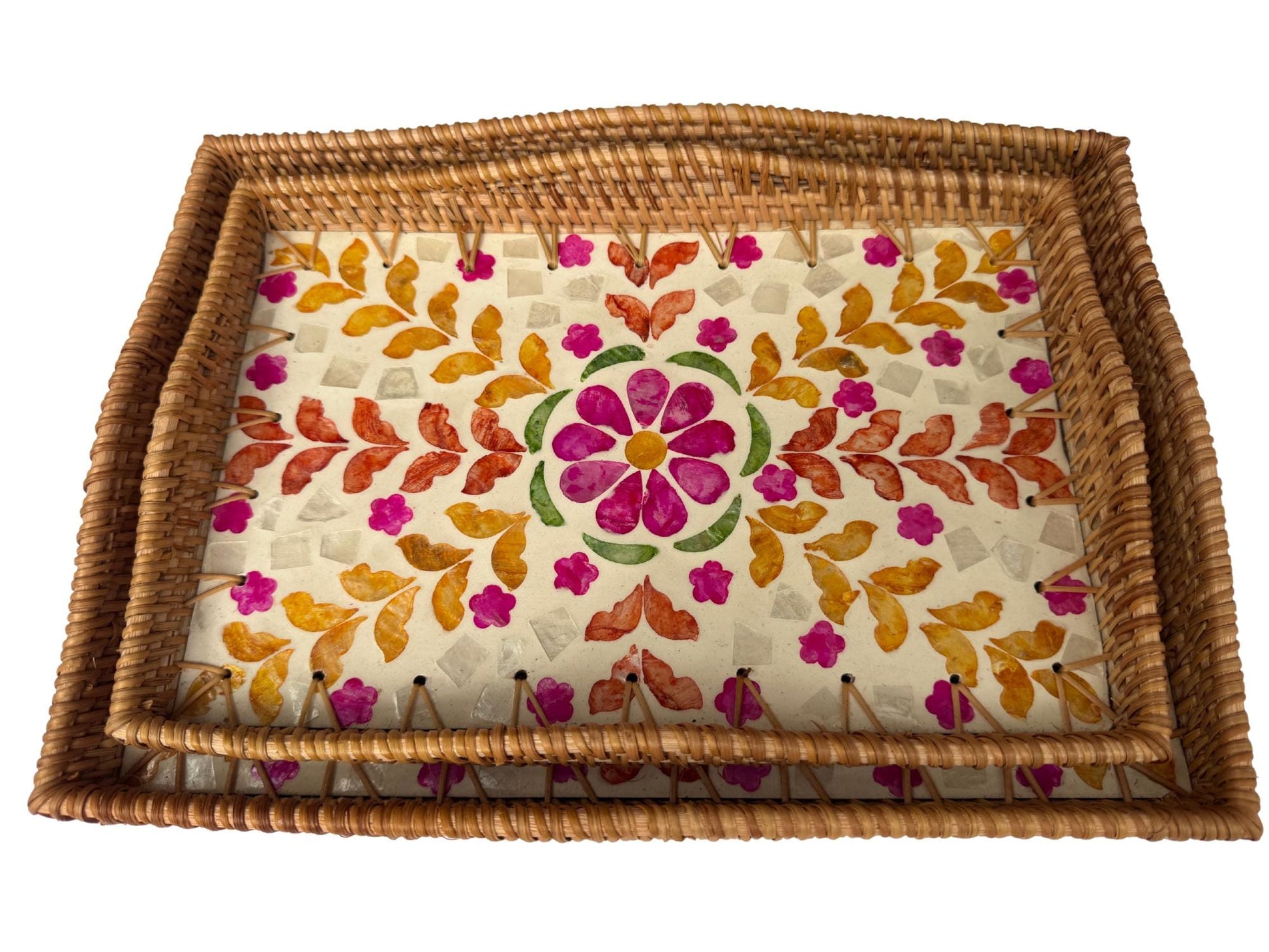 Scalloped Edge Rattan Rectangular Tray with Mother of Pearl Inlay - Handmade Decorative Serving Tray, Natural Woven Tray, Coffee Table Decor 52