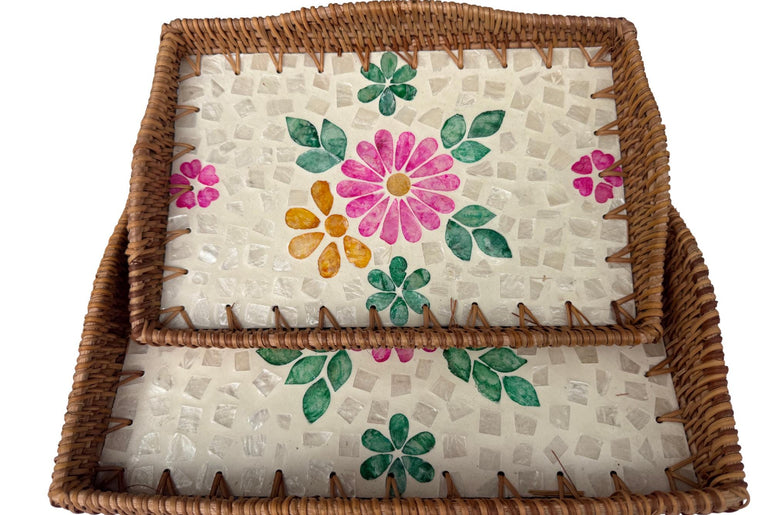 Scalloped Edge Rattan Rectangular Tray with Mother of Pearl Inlay - Handmade Decorative Serving Tray, Natural Woven Tray, Coffee Table Decor 51