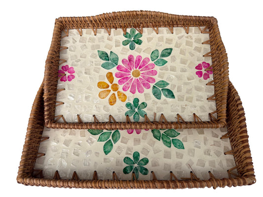 Scalloped Edge Rattan Rectangular Tray with Mother of Pearl Inlay - Handmade Decorative Serving Tray, Natural Woven Tray, Coffee Table Decor 51