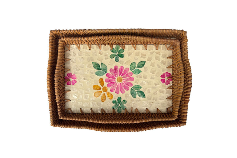 Scalloped Edge Rattan Rectangular Tray with Mother of Pearl Inlay - Handmade Decorative Serving Tray, Natural Woven Tray, Coffee Table Decor 51