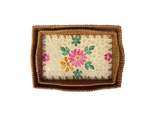 Scalloped Edge Rattan Rectangular Tray with Mother of Pearl Inlay - Handmade Decorative Serving Tray, Natural Woven Tray, Coffee Table Decor 51