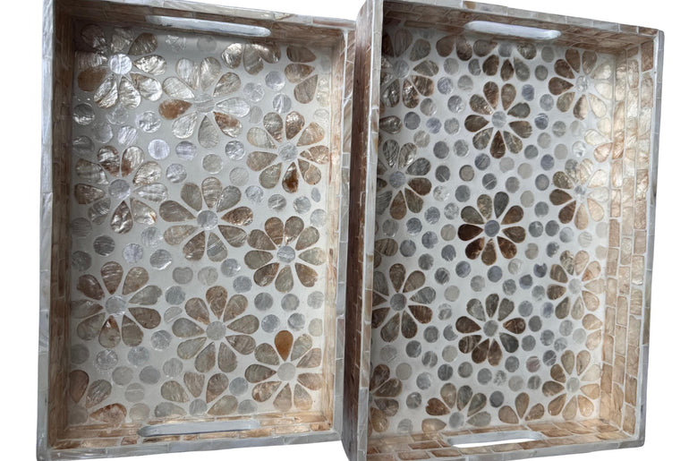 Mother of Pearl Rectangular Tray - Handmade Shell Inlay Serving Tray, Decorative Coffee Table Tray, Vanity Organizer, Housewarming Gift 147