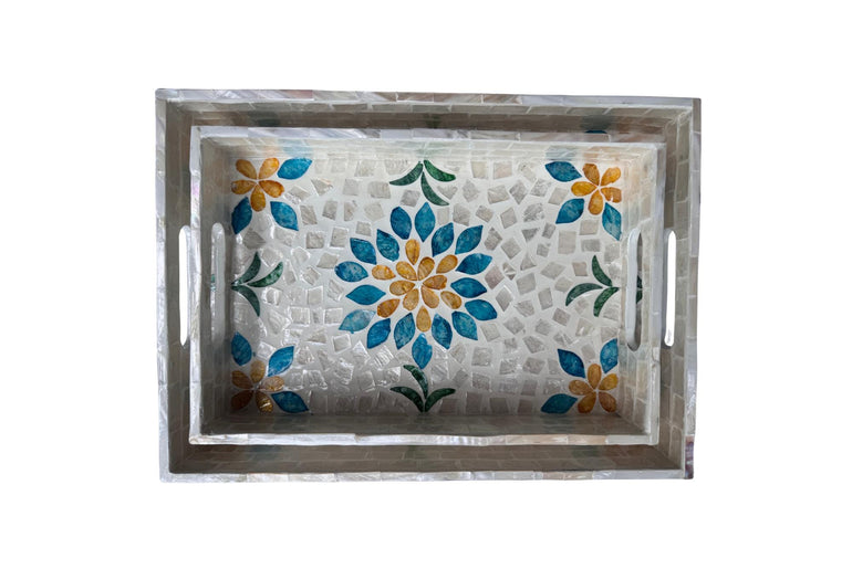 Mother of Pearl Rectangular Tray - Handmade Shell Inlay Serving Tray, Decorative Coffee Table Tray, Vanity Organizer, Housewarming Gift 46
