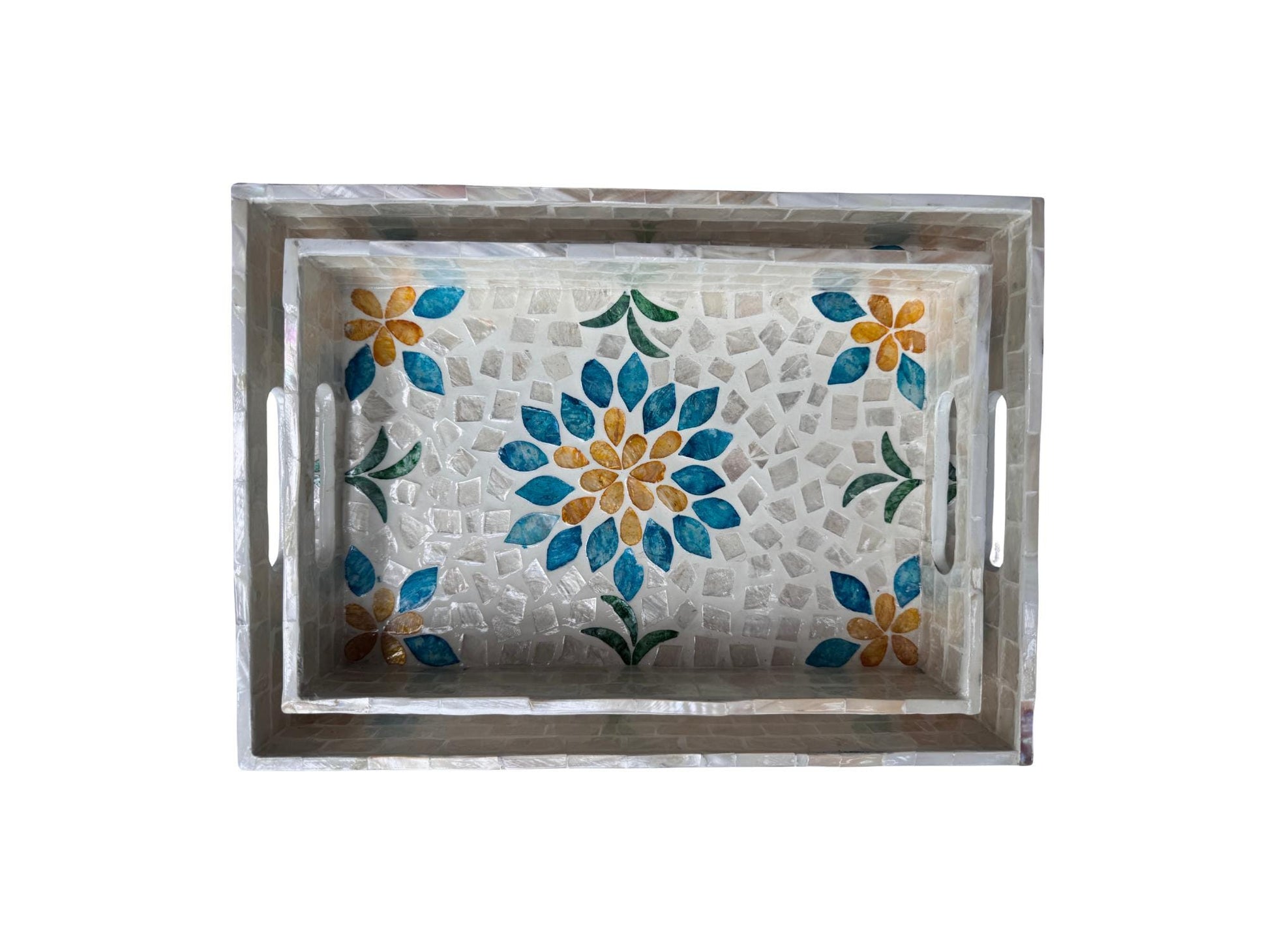 Mother of Pearl Rectangular Tray - Handmade Shell Inlay Serving Tray, Decorative Coffee Table Tray, Vanity Organizer, Housewarming Gift 46