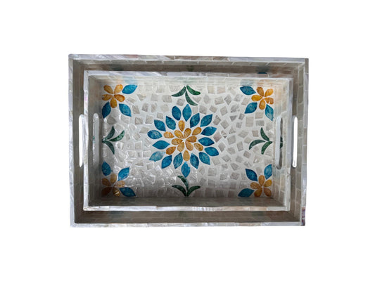 Mother of Pearl Rectangular Tray - Handmade Shell Inlay Serving Tray, Decorative Coffee Table Tray, Vanity Organizer, Housewarming Gift 46