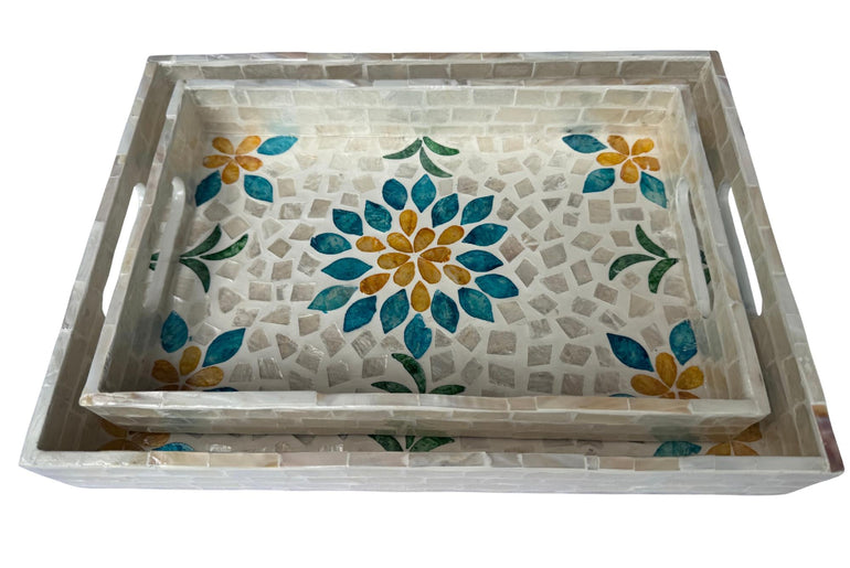Mother of Pearl Rectangular Tray - Handmade Shell Inlay Serving Tray, Decorative Coffee Table Tray, Vanity Organizer, Housewarming Gift 46
