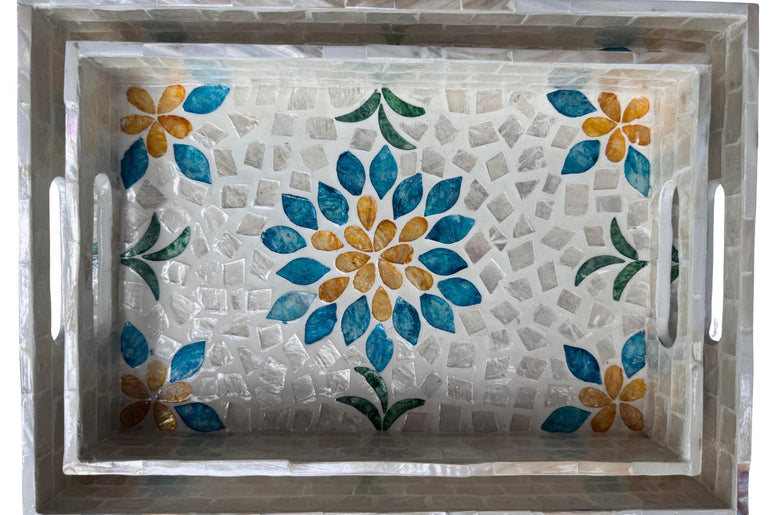 Mother of Pearl Rectangular Tray - Handmade Shell Inlay Serving Tray, Decorative Coffee Table Tray, Vanity Organizer, Housewarming Gift 46