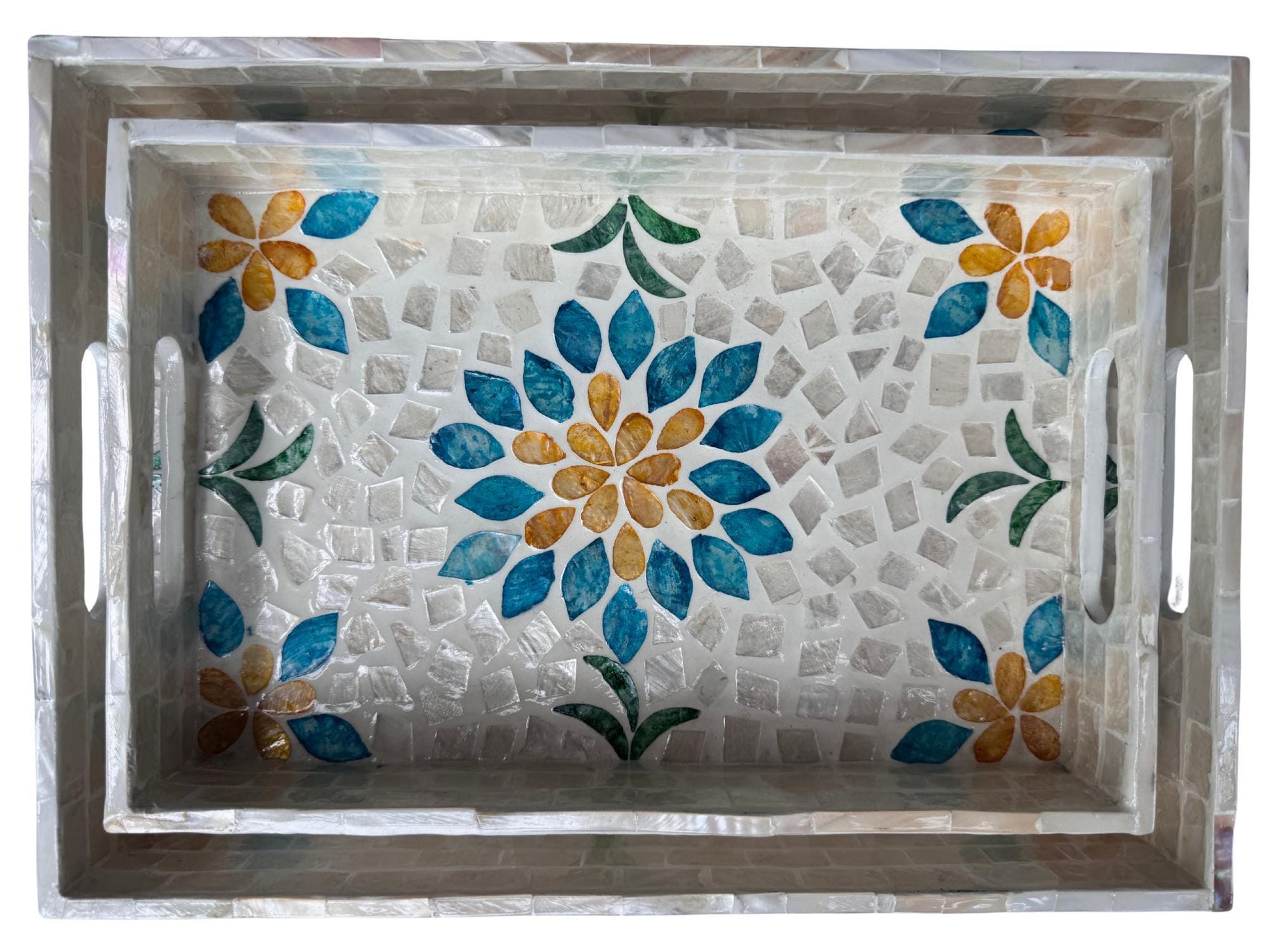 Mother of Pearl Rectangular Tray - Handmade Shell Inlay Serving Tray, Decorative Coffee Table Tray, Vanity Organizer, Housewarming Gift 46
