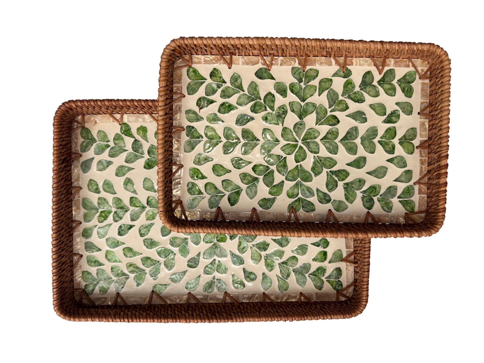 Handmade Rectangular Rattan Tray with Mother of Pearl Inlay Base - Boho Decorative Serving Tray for Coffee Table & Home Decor 43