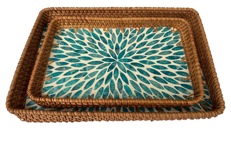 Handmade Rectangular Rattan Tray with Mother of Pearl Inlay Base - Boho Decorative Serving Tray for Coffee Table & Home Decor 42