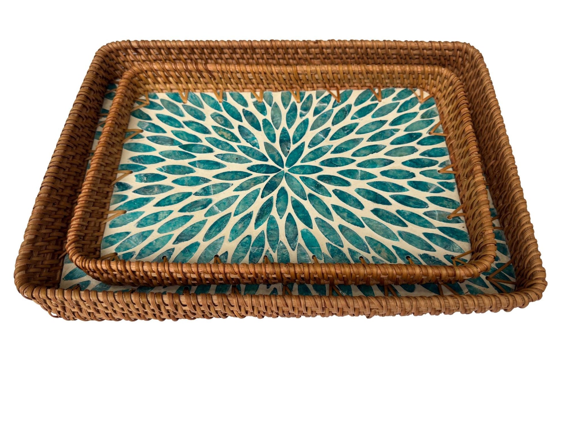 Handmade Rectangular Rattan Tray with Mother of Pearl Inlay Base - Boho Decorative Serving Tray for Coffee Table & Home Decor 42