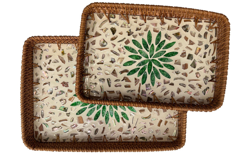 Handmade Rectangular Rattan Tray with Mother of Pearl Inlay Base - Boho Decorative Serving Tray for Coffee Table & Home Decor 39