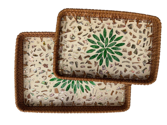 Handmade Rectangular Rattan Tray with Mother of Pearl Inlay Base - Boho Decorative Serving Tray for Coffee Table & Home Decor 39