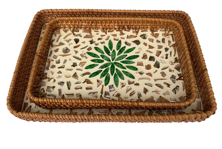 Handmade Rectangular Rattan Tray with Mother of Pearl Inlay Base - Boho Decorative Serving Tray for Coffee Table & Home Decor 39