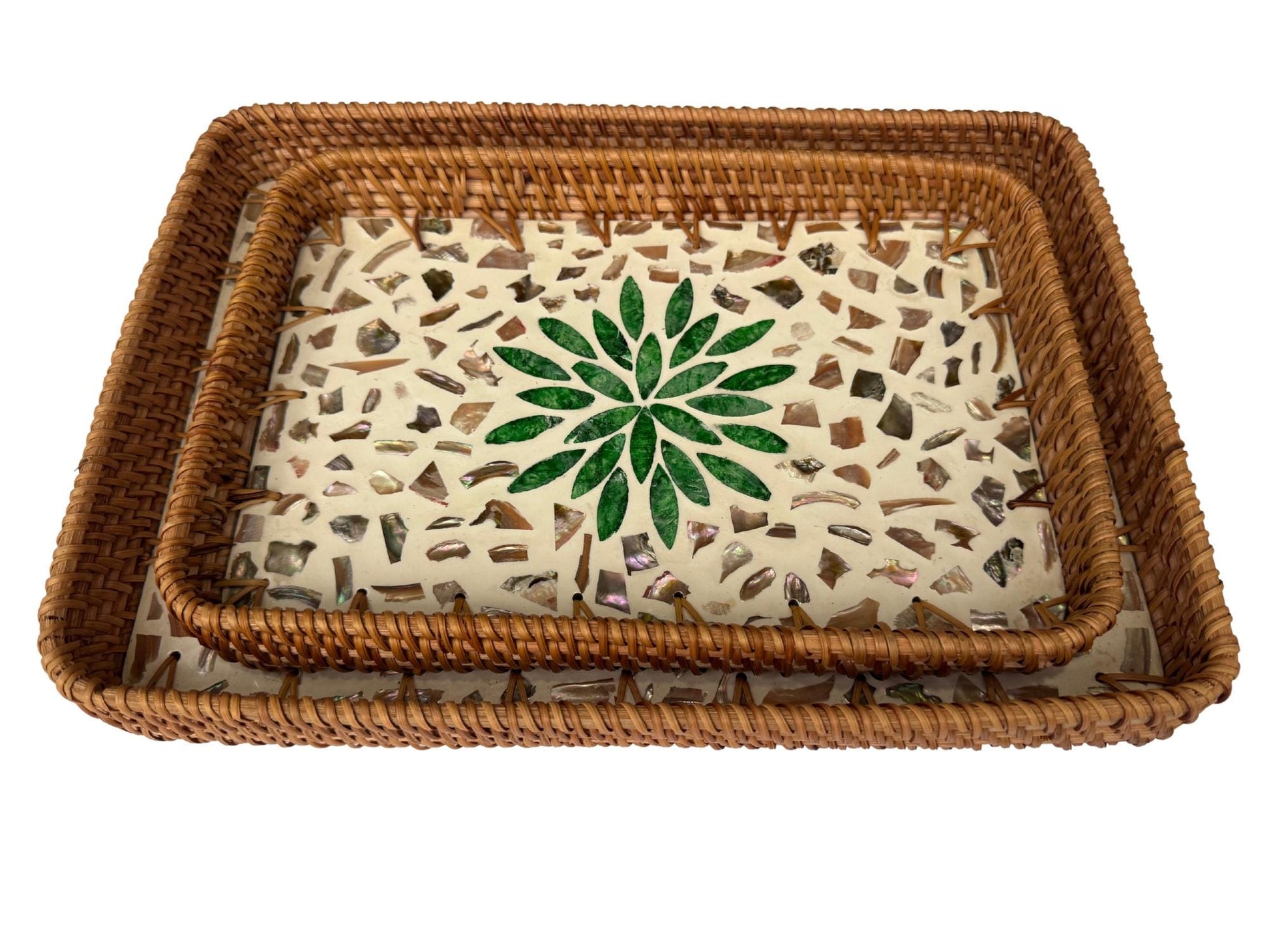 Handmade Rectangular Rattan Tray with Mother of Pearl Inlay Base - Boho Decorative Serving Tray for Coffee Table & Home Decor 39