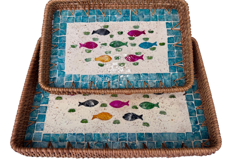 Handmade Rectangular Rattan Tray with Mother of Pearl Inlay Base - Boho Decorative Serving Tray for Coffee Table & Home Decor 45