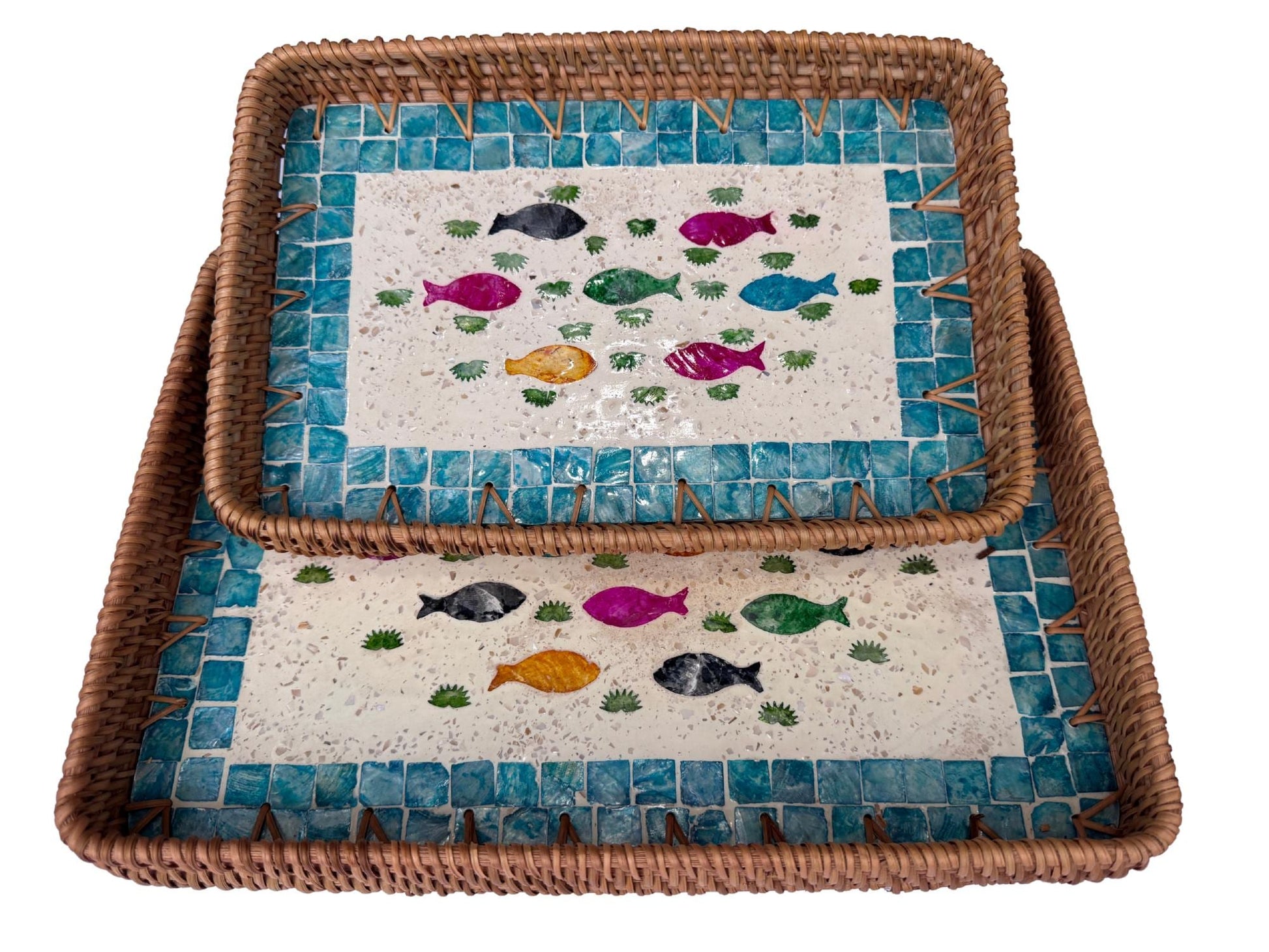 Handmade Rectangular Rattan Tray with Mother of Pearl Inlay Base - Boho Decorative Serving Tray for Coffee Table & Home Decor 45