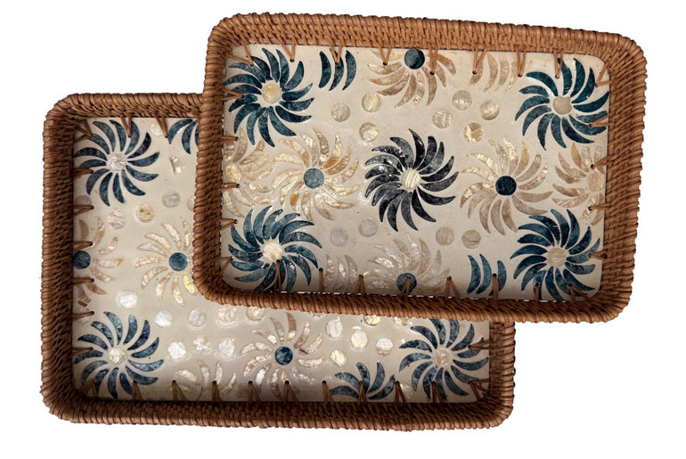 Handmade Rectangular Rattan Tray with Mother of Pearl Inlay Base - Boho Decorative Serving Tray for Coffee Table & Home Decor 37