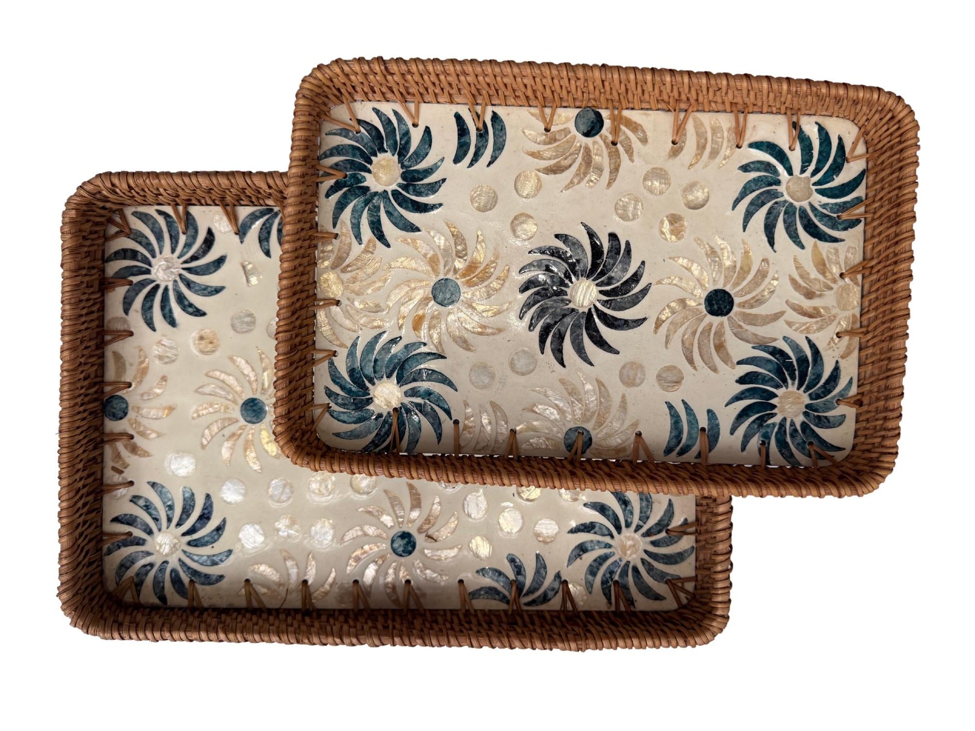 Handmade Rectangular Rattan Tray with Mother of Pearl Inlay Base - Boho Decorative Serving Tray for Coffee Table & Home Decor 37