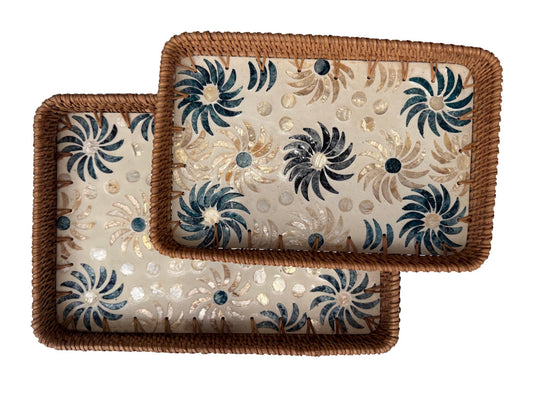 Handmade Rectangular Rattan Tray with Mother of Pearl Inlay Base - Boho Decorative Serving Tray for Coffee Table & Home Decor 37