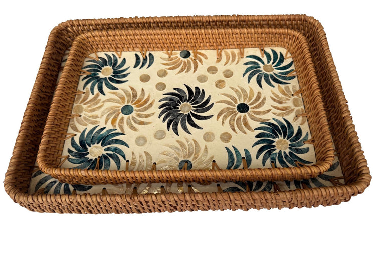 Handmade Rectangular Rattan Tray with Mother of Pearl Inlay Base - Boho Decorative Serving Tray for Coffee Table & Home Decor 37
