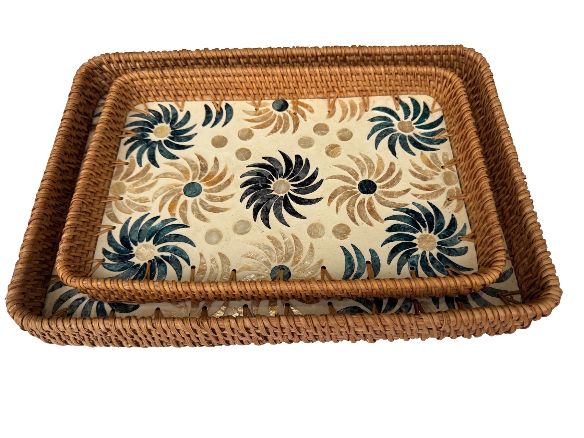 Handmade Rectangular Rattan Tray with Mother of Pearl Inlay Base - Boho Decorative Serving Tray for Coffee Table & Home Decor 37