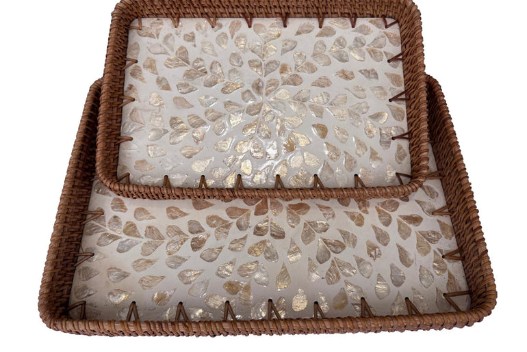 Handmade Rectangular Rattan Tray with Mother of Pearl Inlay Base - Boho Decorative Serving Tray for Coffee Table & Home Decor 41