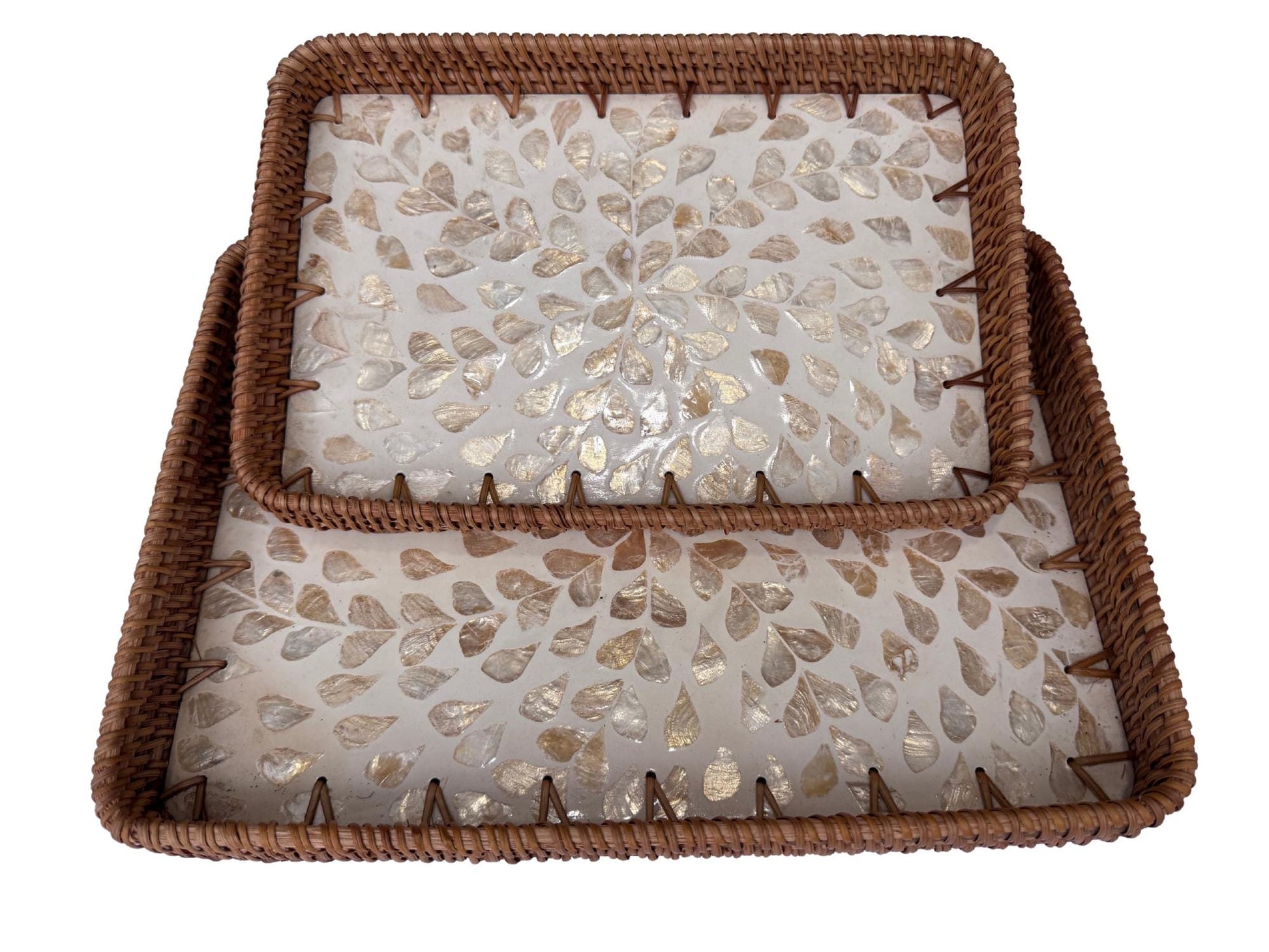 Handmade Rectangular Rattan Tray with Mother of Pearl Inlay Base - Boho Decorative Serving Tray for Coffee Table & Home Decor 41