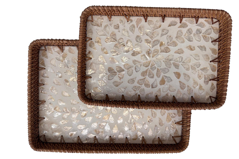 Handmade Rectangular Rattan Tray with Mother of Pearl Inlay Base - Boho Decorative Serving Tray for Coffee Table & Home Decor 41