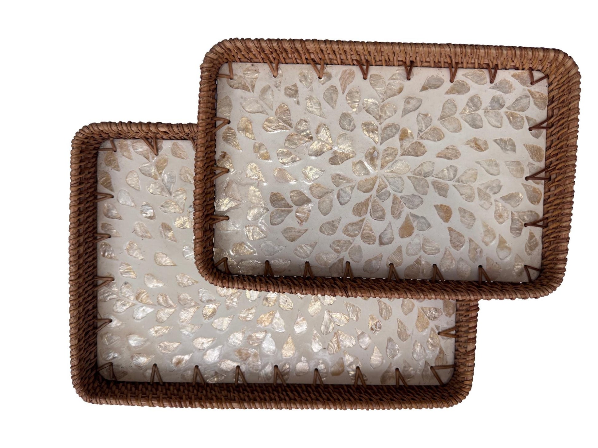 Handmade Rectangular Rattan Tray with Mother of Pearl Inlay Base - Boho Decorative Serving Tray for Coffee Table & Home Decor 41