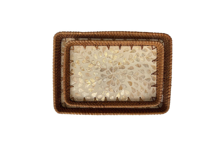 Handmade Rectangular Rattan Tray with Mother of Pearl Inlay Base - Boho Decorative Serving Tray for Coffee Table & Home Decor 41