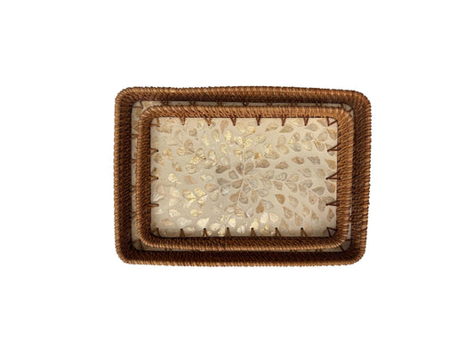 Handmade Rectangular Rattan Tray with Mother of Pearl Inlay Base - Boho Decorative Serving Tray for Coffee Table & Home Decor 41