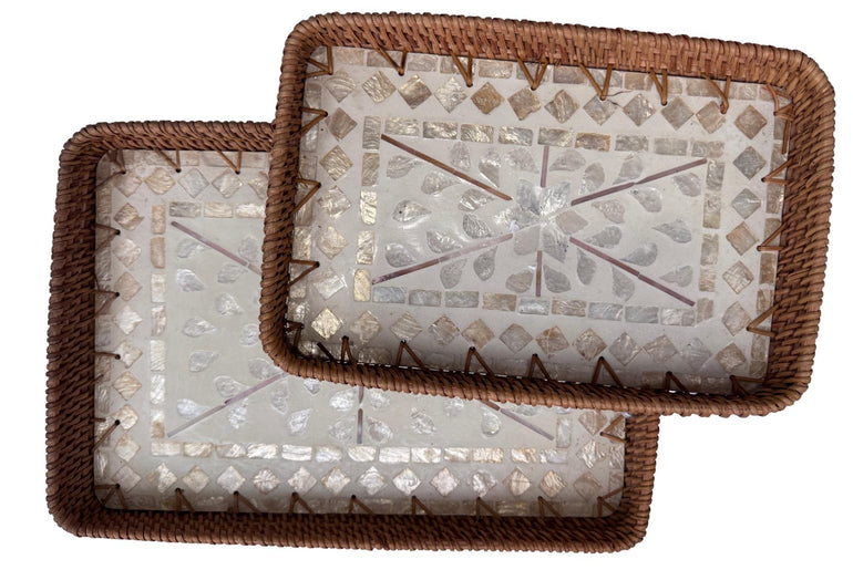 Handmade Rectangular Rattan Tray with Mother of Pearl Inlay Base - Boho Decorative Serving Tray for Coffee Table & Home Decor 36