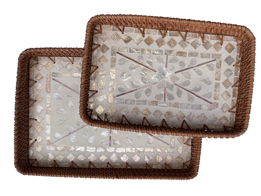 Handmade Rectangular Rattan Tray with Mother of Pearl Inlay Base - Boho Decorative Serving Tray for Coffee Table & Home Decor 36