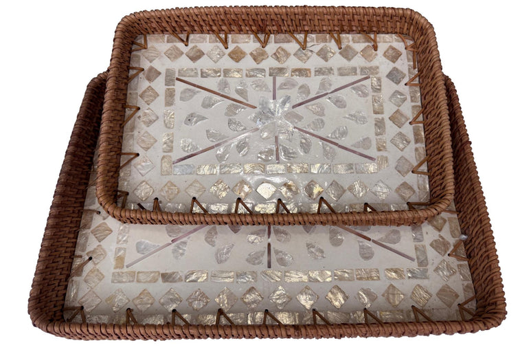 Handmade Rectangular Rattan Tray with Mother of Pearl Inlay Base - Boho Decorative Serving Tray for Coffee Table & Home Decor 36